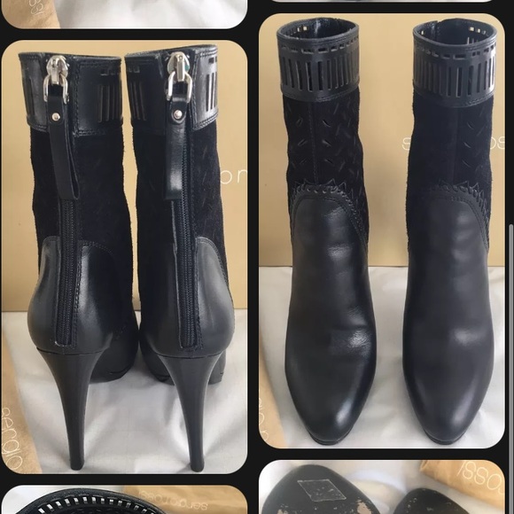 Sergio Rossi Leather/Sued Black Ankle Booties Sz 7 - Picture 4 of 10
